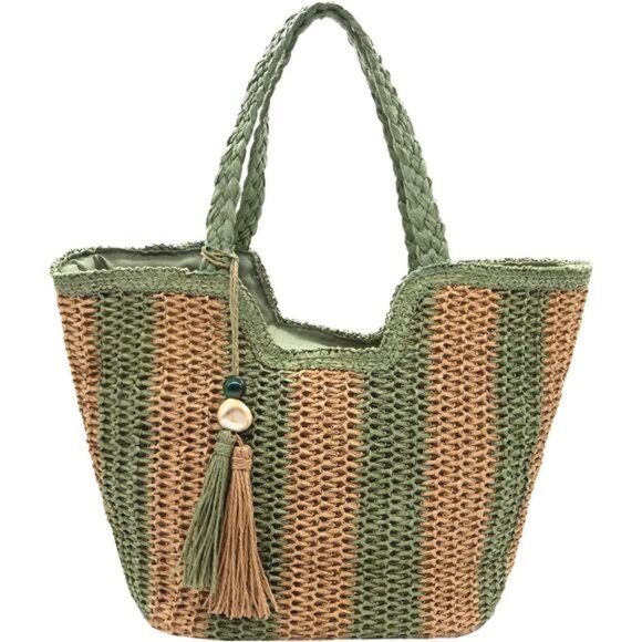 Handbags - Women Straw Beach Bag Large Khaki Green
